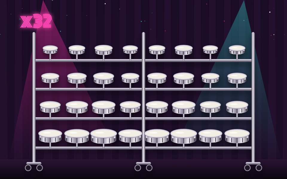 A drawing of a rack of 32 rototoms on castors