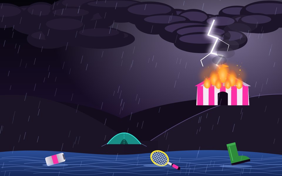 A drawing of lightning striking a festival tent, with a river running past a little tent