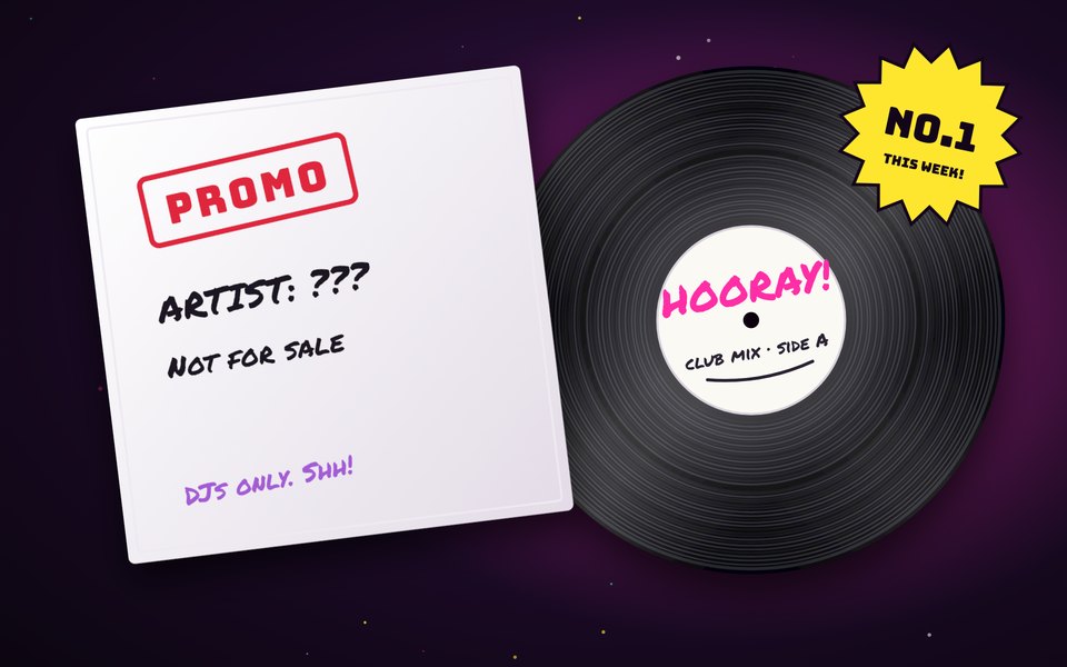 A drawing of a white label record with HOORAY! scrawled on it